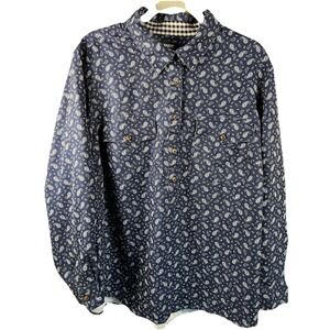 Lands' End Women's 2X Shirt Navy Blue Paisley Gingham Button Up Long Sleeve